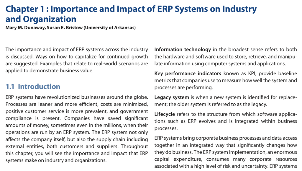 Solved Chapter 1: Importance and Impact of ERP Systems on | Chegg.com