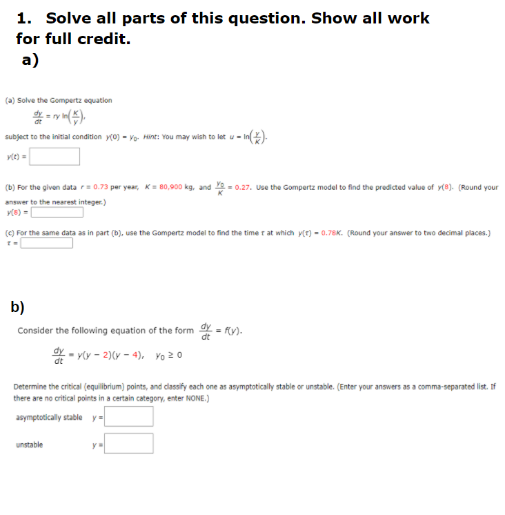 Solved 1. Solve all parts of this question. Show all work | Chegg.com