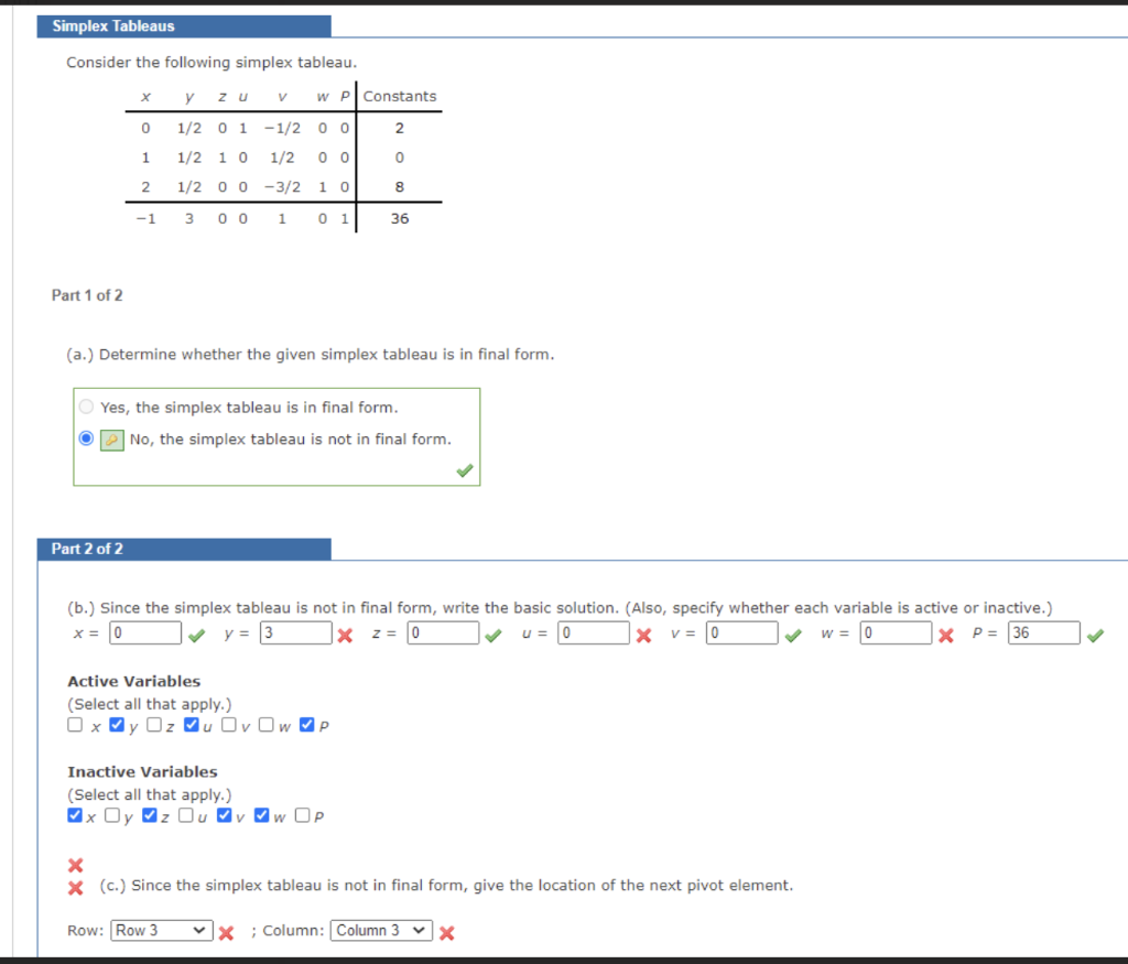 Consider the following simplex tableau. Part 1 of 2 | Chegg.com