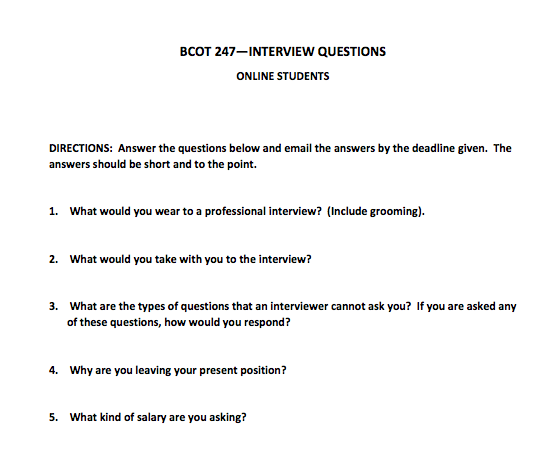 Solved BCOT 247-INTERVIEW QUESTIONS ONLINE STUDENTS | Chegg.com