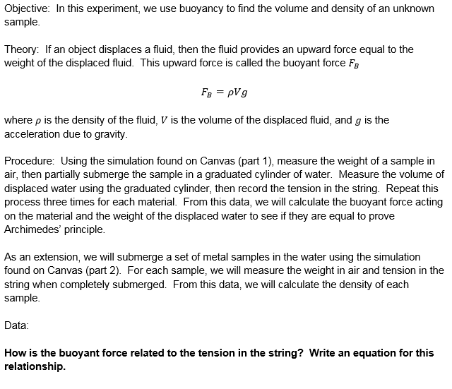 Solved 2. Concept Questions a. In the lost buoyancy method