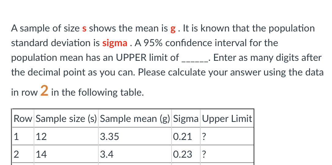 Solved A sample of size s shows the mean is g. It is known | Chegg.com