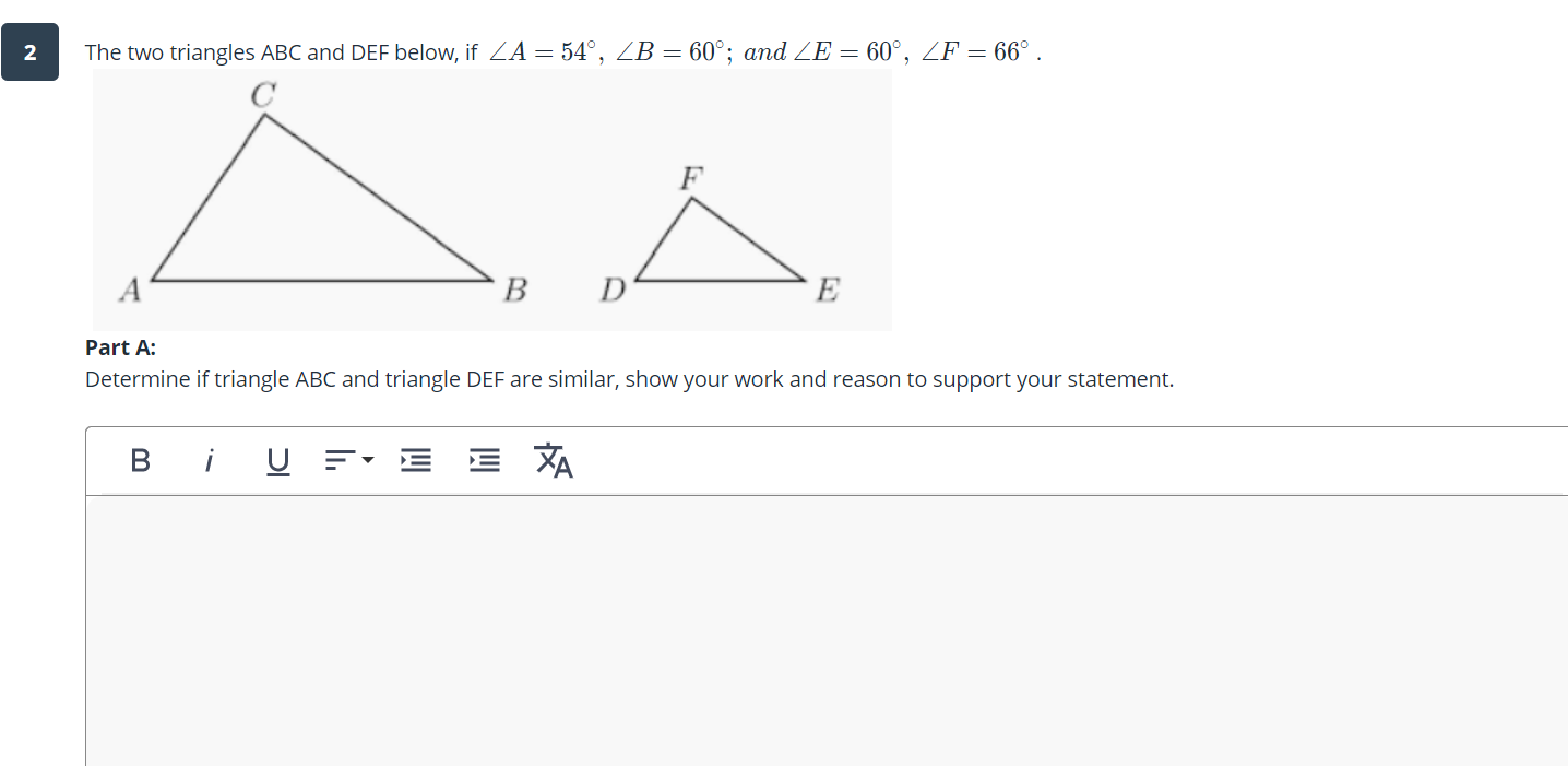 Solved 2 The two triangles ABC and DEF below, if ZA = 54°, | Chegg.com