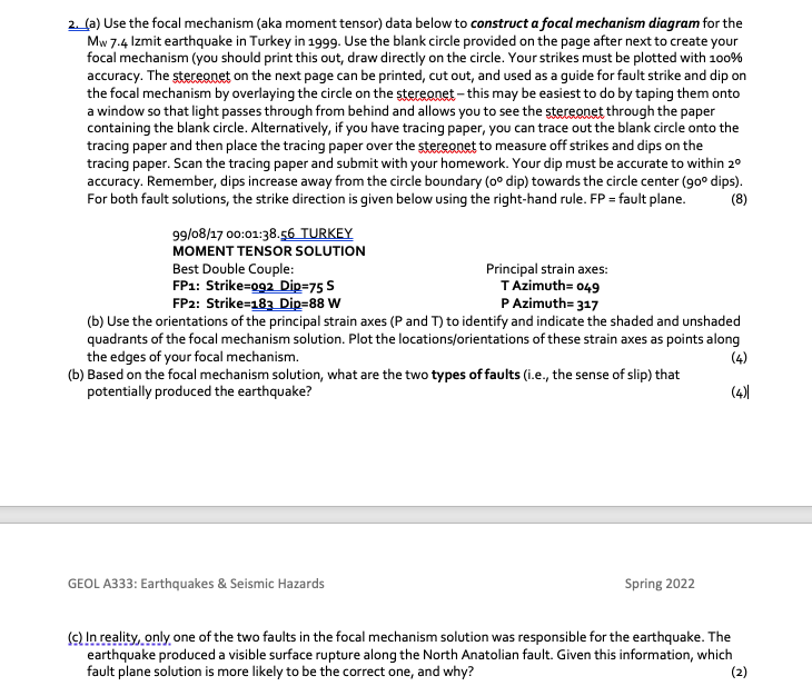 Solved 2. (a) Use the focal mechanism (aka moment tensor) | Chegg.com