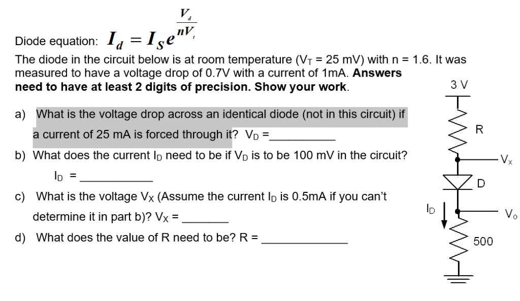 Solved nV Tse Diode equation Гd The diode in the circuit