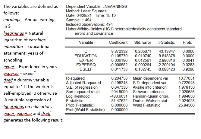 Solved The variables are defined as follows: earnings = | Chegg.com