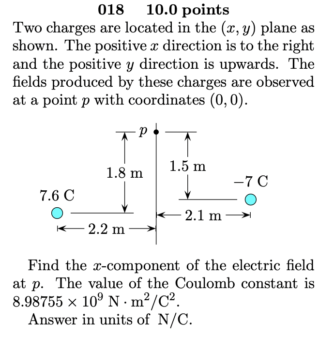 Solved 018,10.0 ﻿pointsTwo charges are located in the (x,y) | Chegg.com