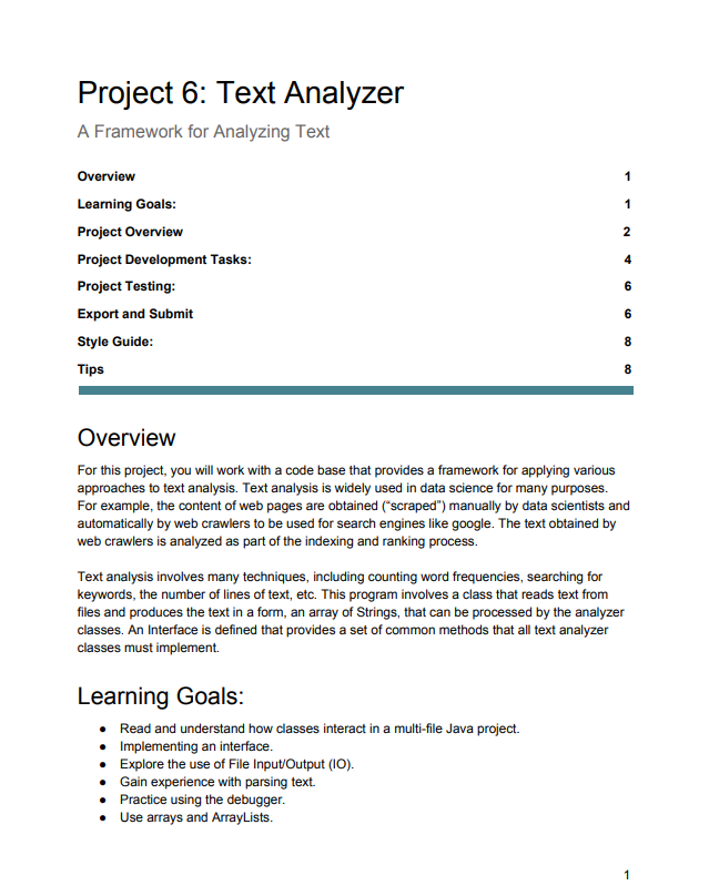 Project 6: Text Analyzer A Framework for Analyzing | Chegg.com