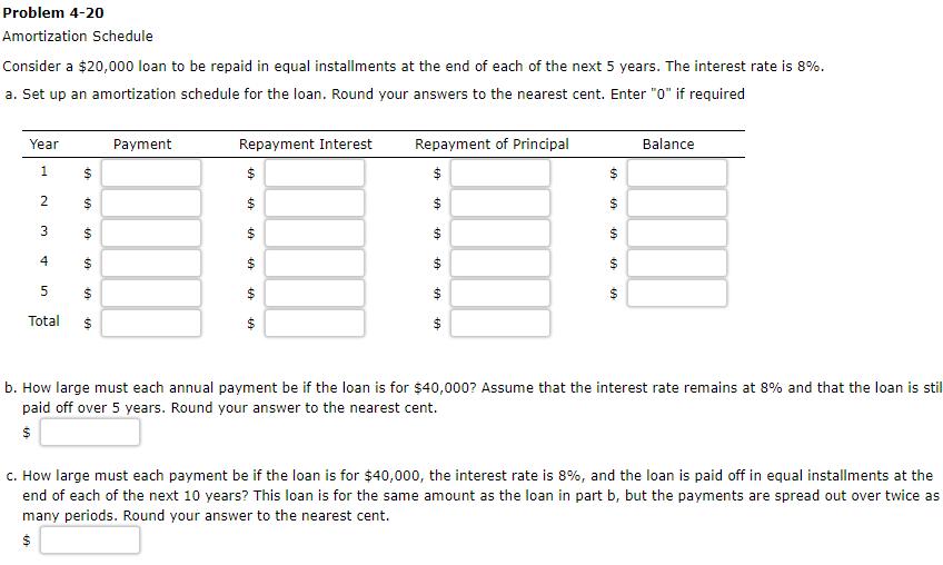 Solved Problem 4-20 Amortization Schedule Consider a $20,000 | Chegg.com