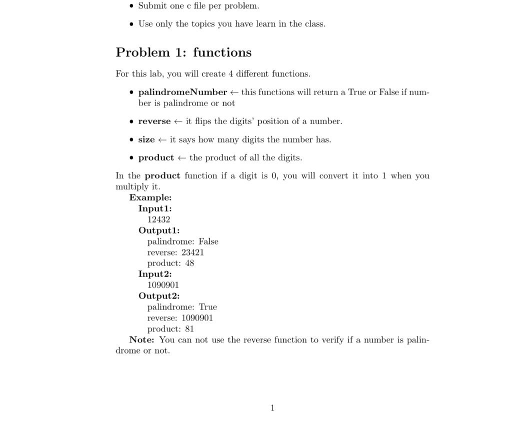 Solved - Submit one c file per problem. - Use only the | Chegg.com