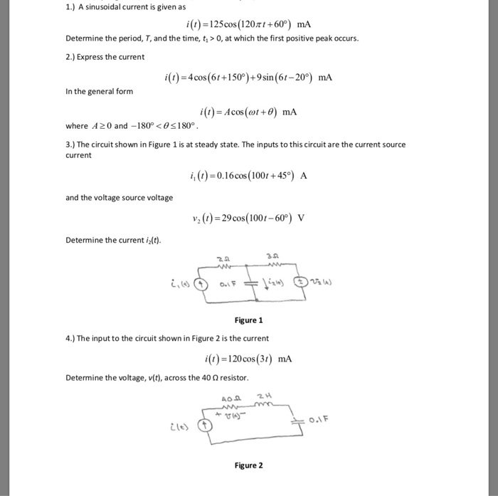 Solved 1) A sinusoidal current is given as ft)-125cos(120πι | Chegg.com