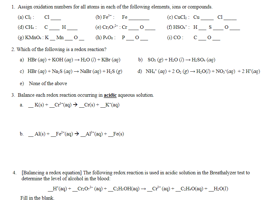 Solved 1. Assign oxidation numbers for all atoms in each of | Chegg.com