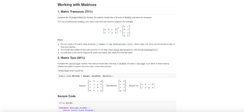 Working with Matrices 1. Matrix Transpose (70%) | Chegg.com