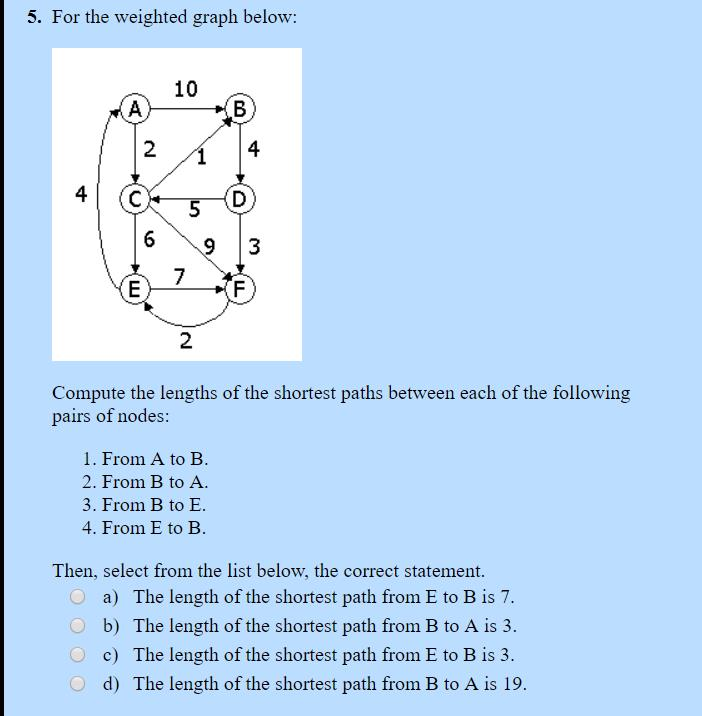 Solved 5. For the weighted graph below: Compute the lengths | Chegg.com