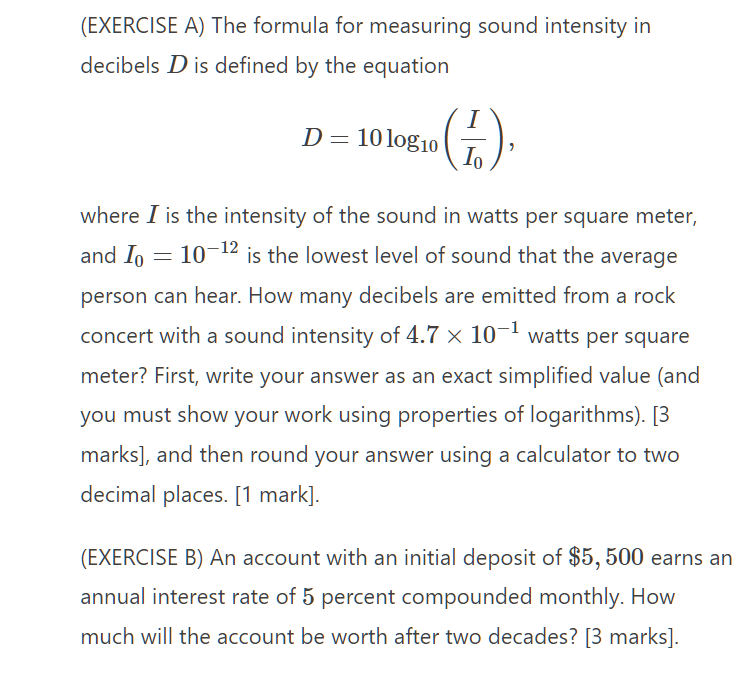 Solved The formula for measuring sound intensity in decibels