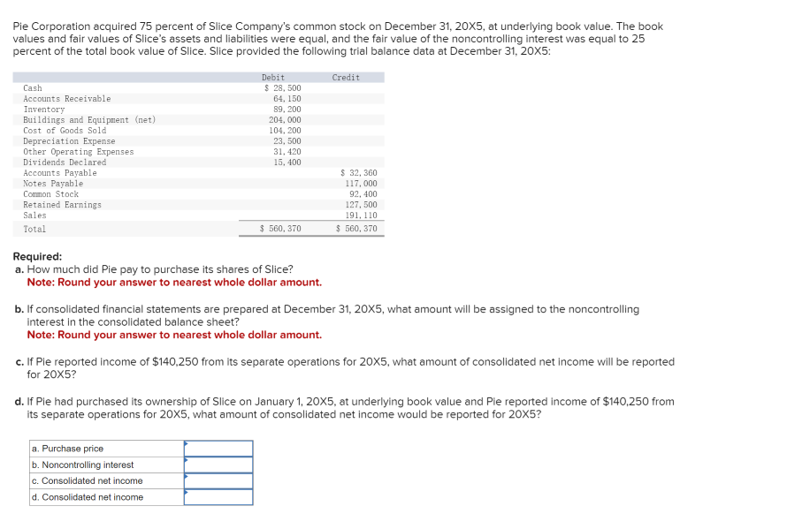 Solved Pie Corporation acquired 75 percent of Slice | Chegg.com