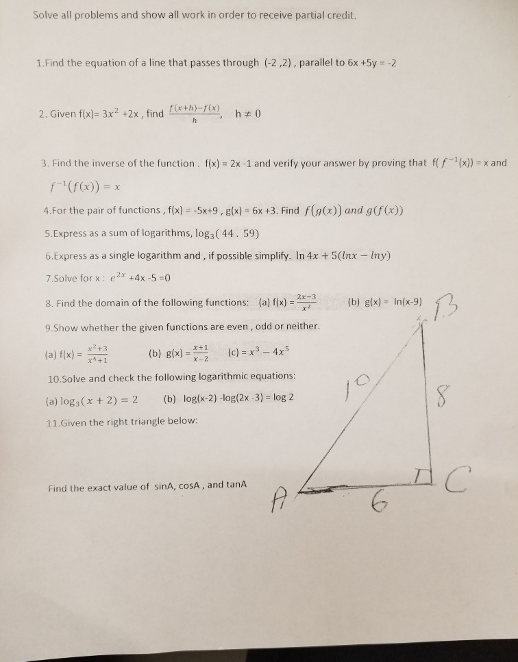 Solved Solve all problems and show all work in order to | Chegg.com