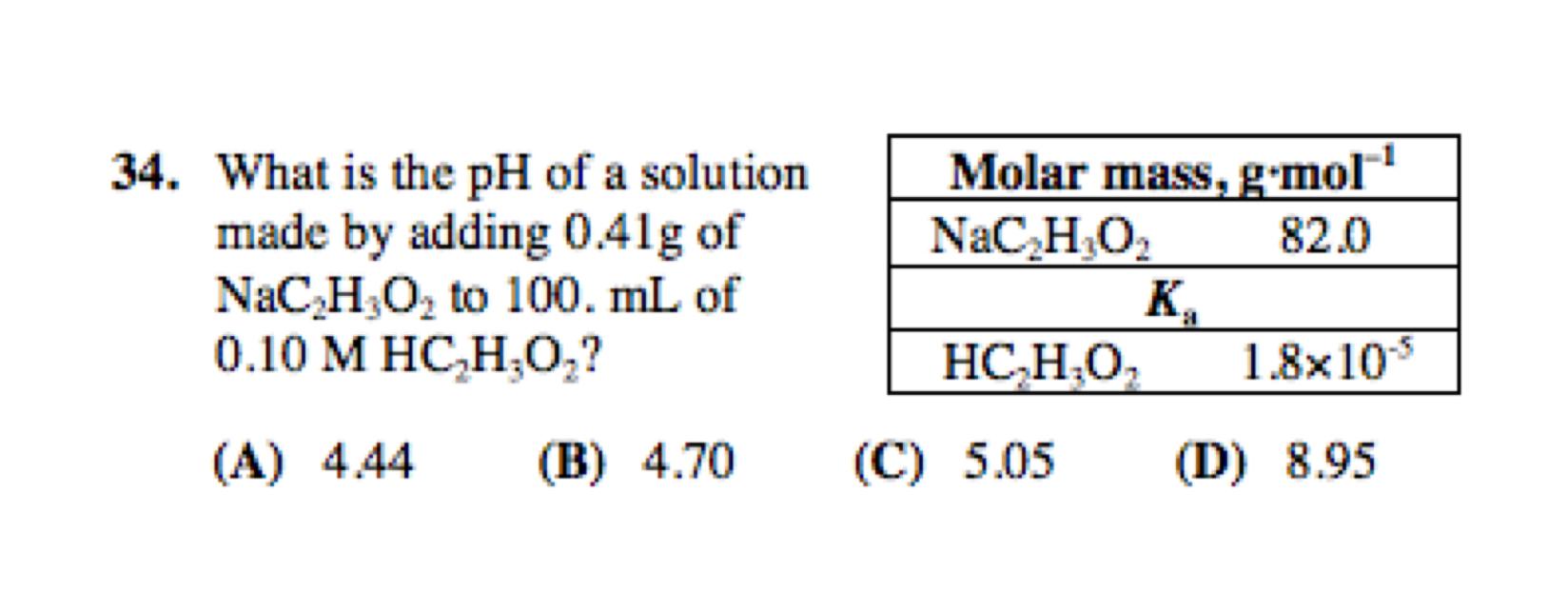 Solved 34. What is the pH of a solution made by adding 0.41 | Chegg.com