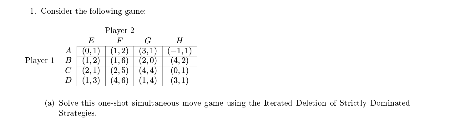Solved 1. Consider the following game: Player 2 E F A (0,1) | Chegg.com