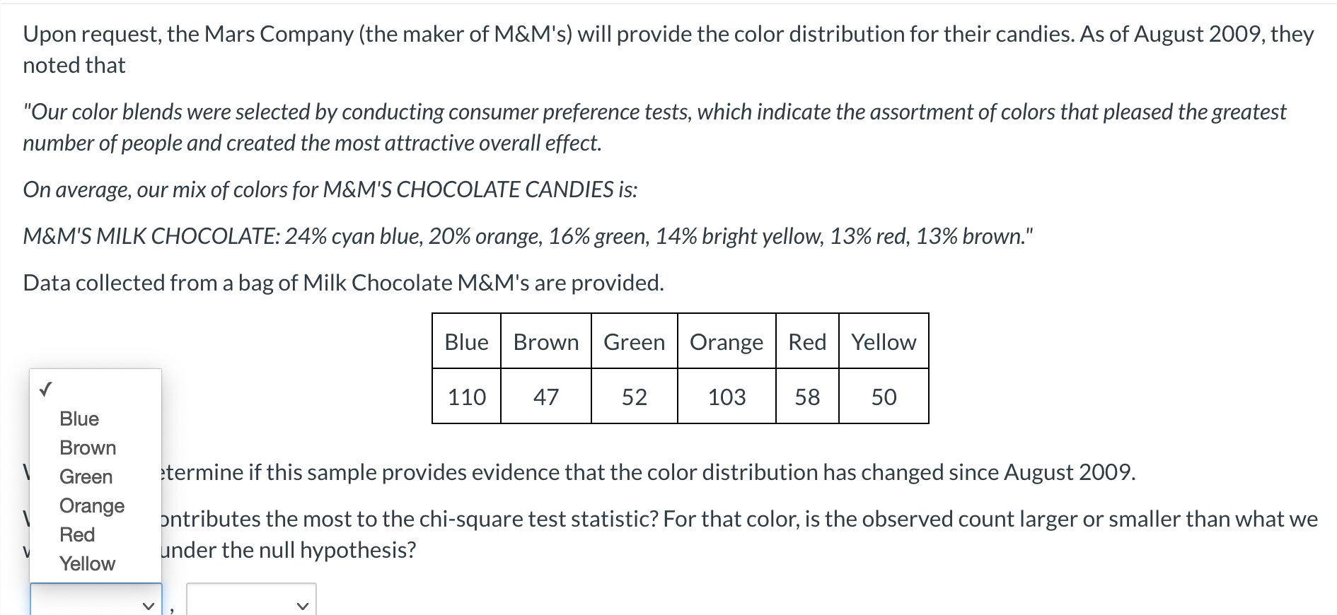 Solved] Part 1) M&M Color Distribution (5 points) The Mars