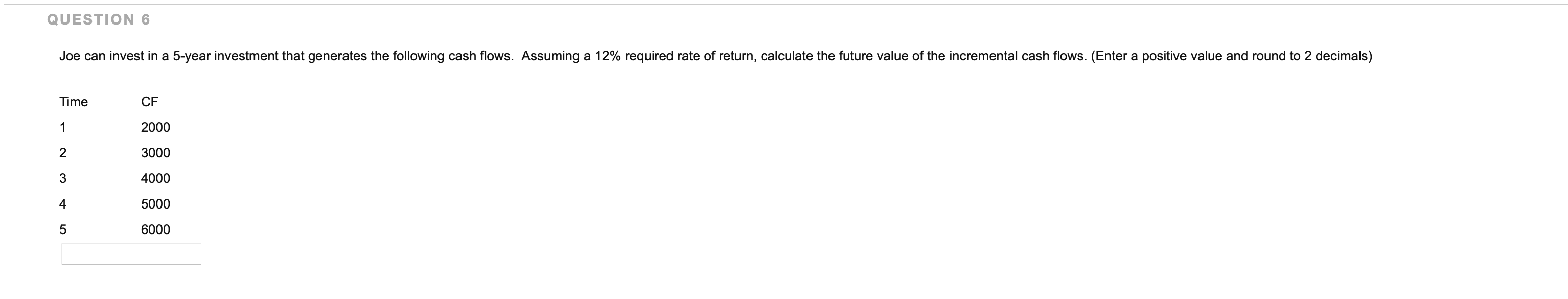 Solved QUESTION 6 \begin{tabular}{ll} Time & CF \\ 1 & 2000 | Chegg.com