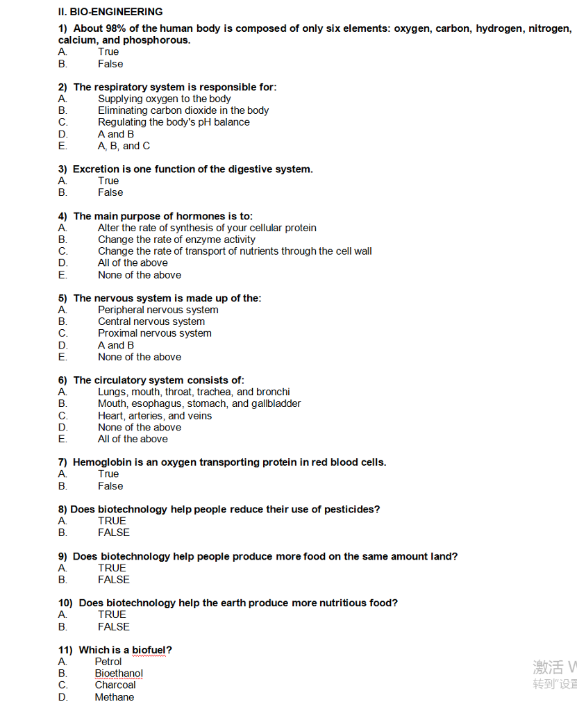 Solved II. BIO-ENGINEERING 1) About 98% of the human body is | Chegg.com