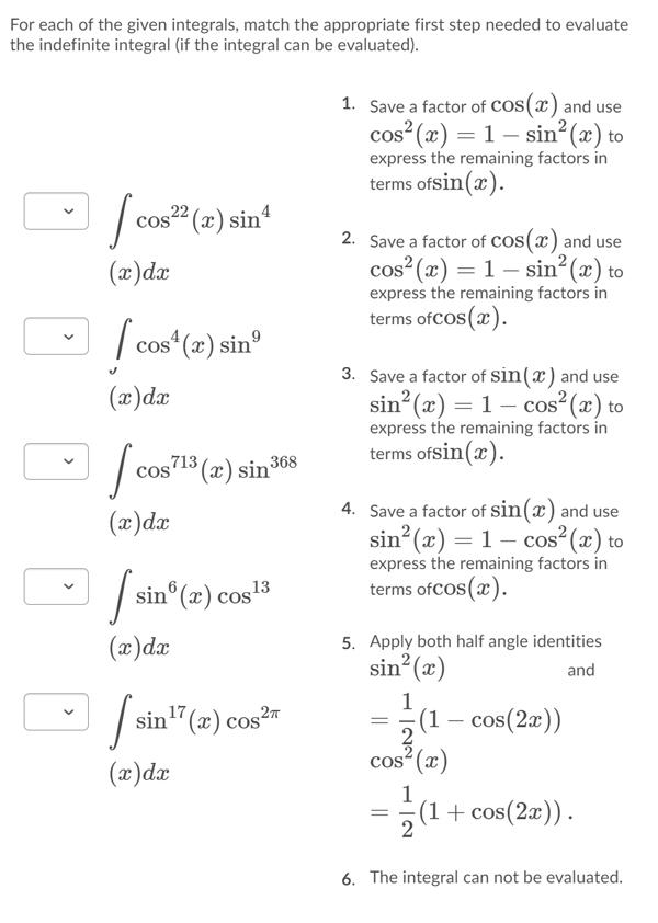 Solved For each of the given integrals, match the | Chegg.com