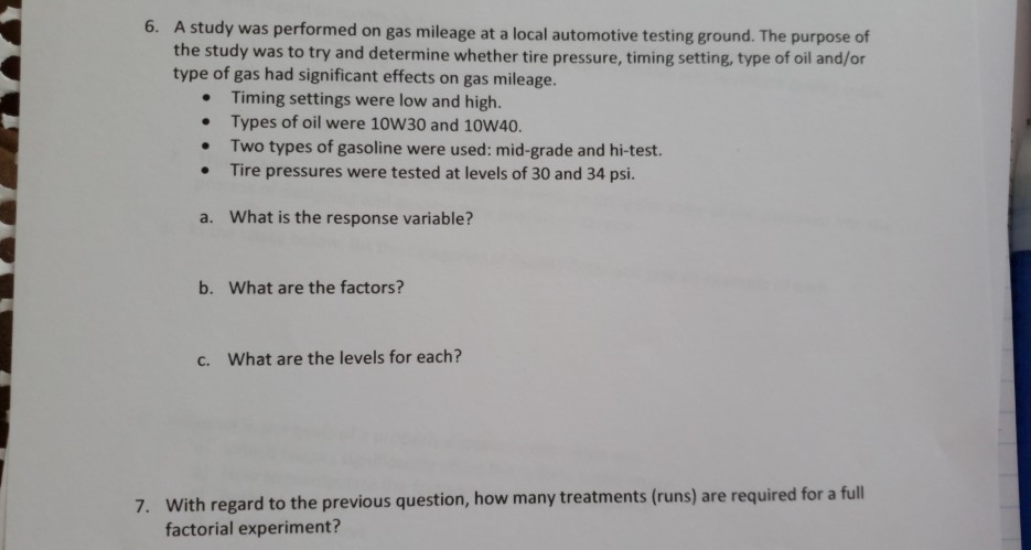 Solved 6. A study was performed on gas mileage at a local | Chegg.com