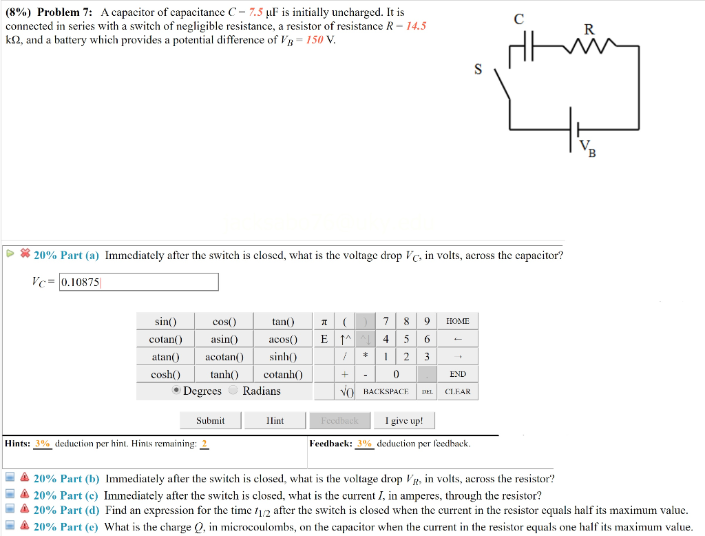 Solved (8%) Problem 7: A Capacitor Of Capacitance C = 7.5 UF | Chegg.com