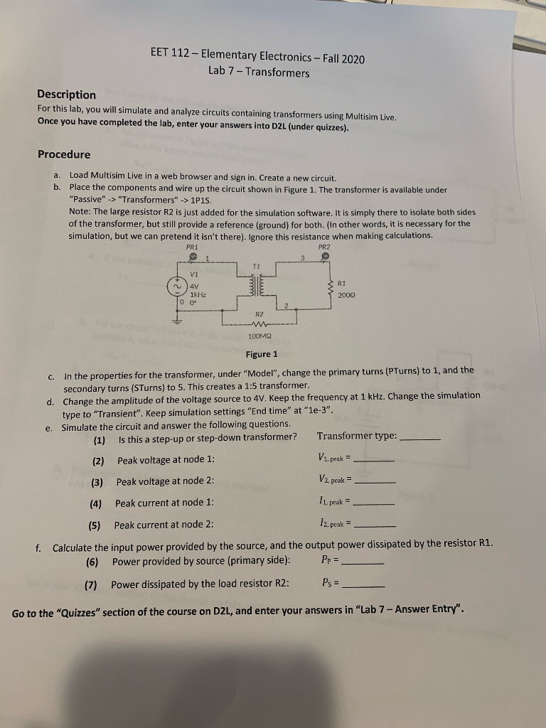 Solved EET 112 - Elementary Electronics - Fall 2020 Lab 7 - | Chegg.com