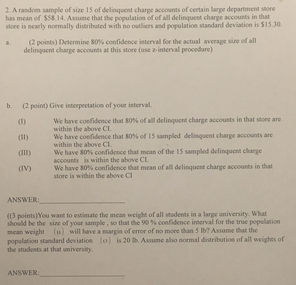 Solved 2. A random sample of size 15 of delinquent charge