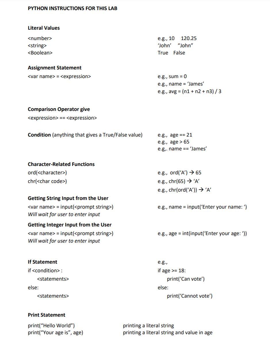 Solved PYTHON INSTRUCTIONS FOR THIS LAB Literal Values | Chegg.com