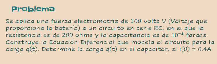 Problema Se aplica una fuerza electromotriz de 100 volts V (Voltaje que proporciona la batería) a un circuito en serie RC, en