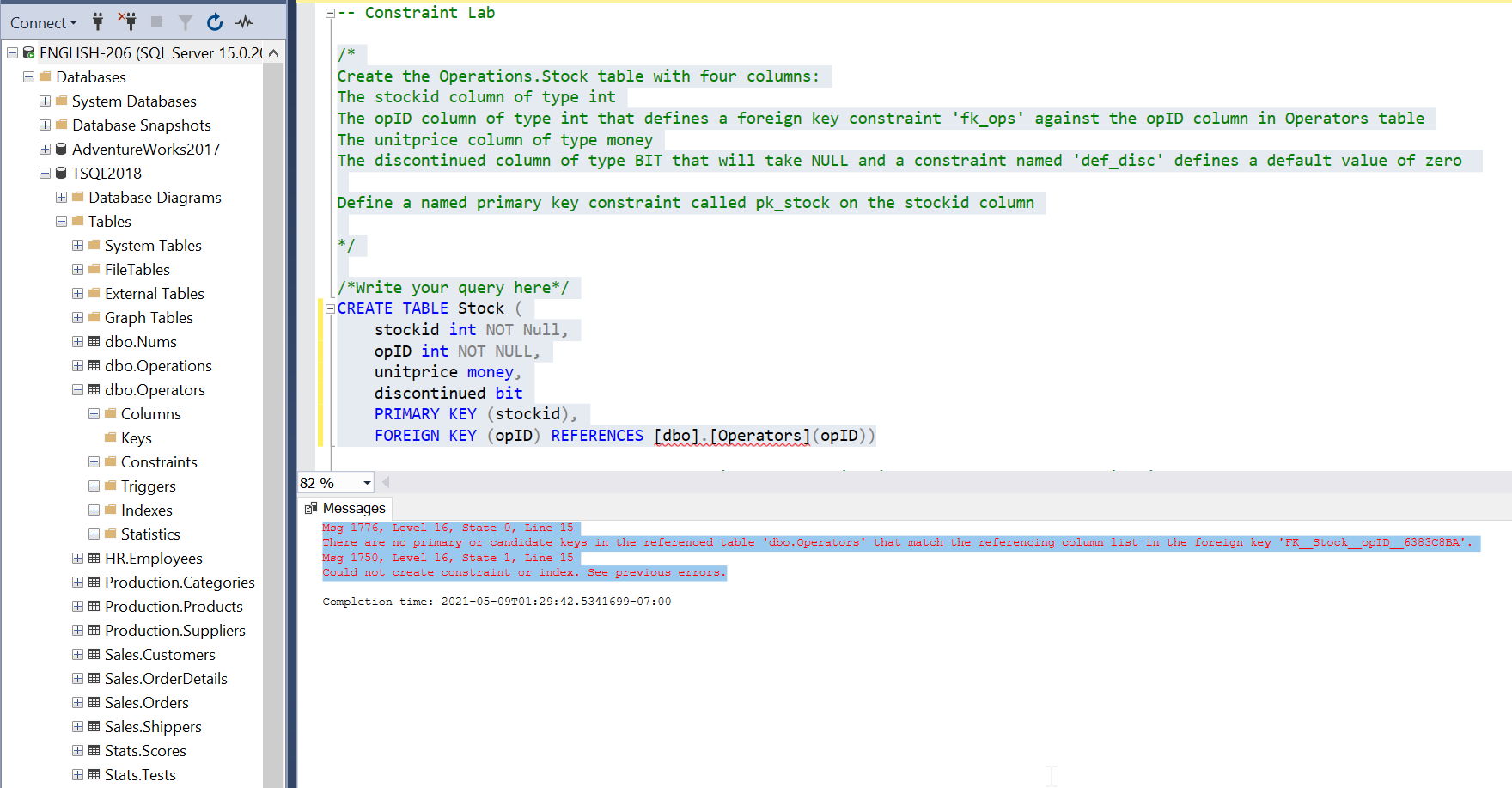 Solved /* Create the Operations.Stock table with four | Chegg.com