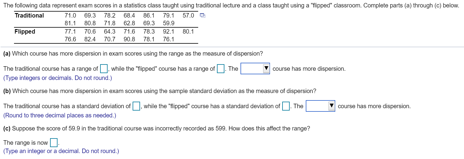 Solved The following data represent exam scores in a | Chegg.com