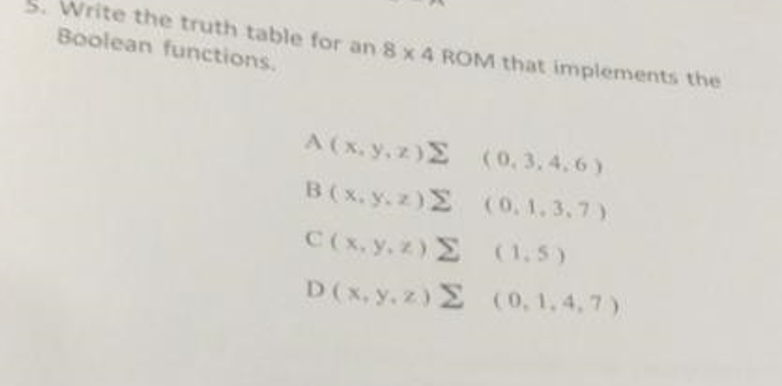 5. Write the truth table for an \( 8 \times 4 \) ROM that implements the Boolean functions.