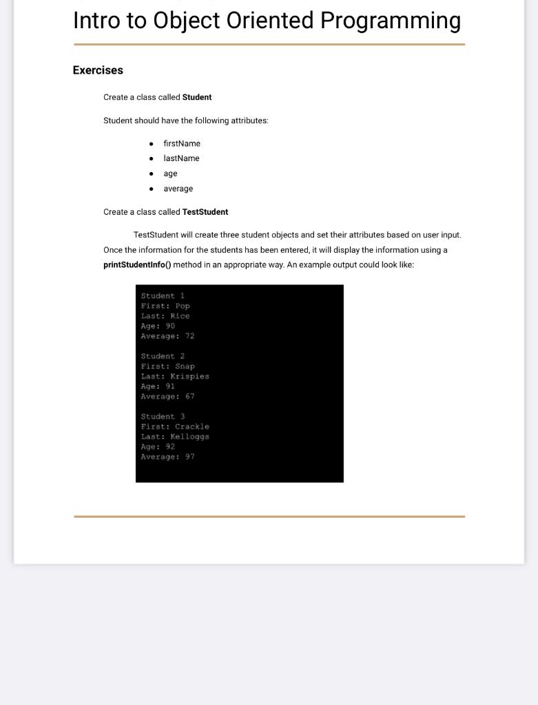 Solved Intro To Object Oriented Programming Exercises Create | Chegg.com