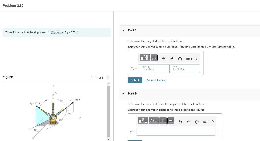 Solved Three forces act on the ring shown in (Egure 1), | Chegg.com