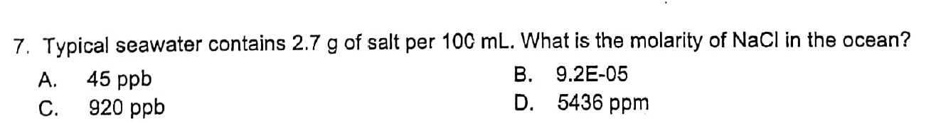 Solved 7. Typical seawater contains 2.7 g of salt per 10cmL. | Chegg.com