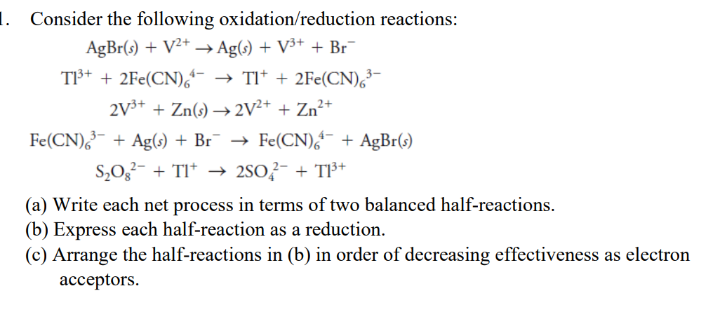 Solved 1. Consider the following oxidation/reduction | Chegg.com