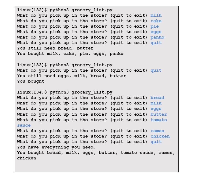 Solved linux [132]\$ python3 grocery,list.py What do you | Chegg.com