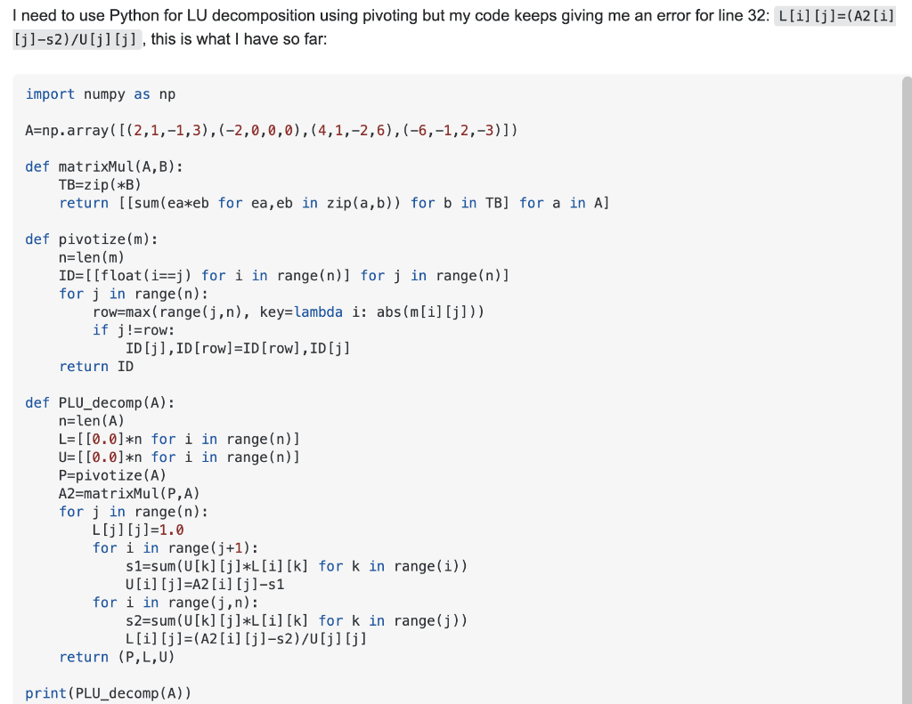 Solved I need to use Python for LU decomposition using | Chegg.com