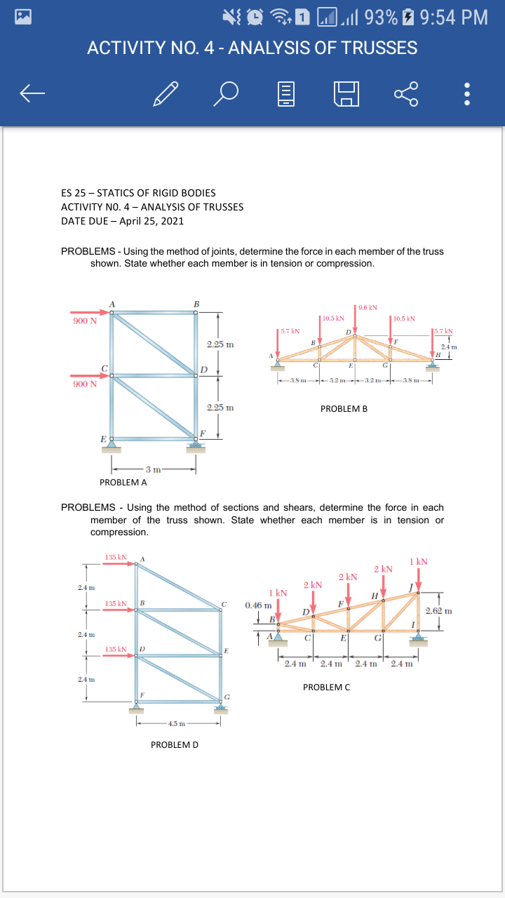 Solved D l 93% 9:54 PM ACTIVITY NO. 4 - ANALYSIS OF TRUSSES | Chegg.com