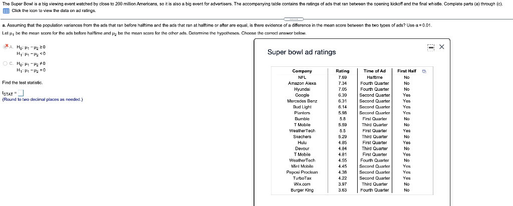 Solved The Super Bowl is a big viewing event watched by