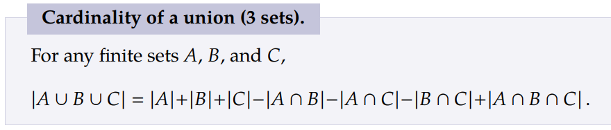 Cardinality of a union (3 sets) For any finite sets A, B, and C, AUBUCI |A|+|B|+|C|-|A n B|-||A n C1-|B n C|+|AO BOC|