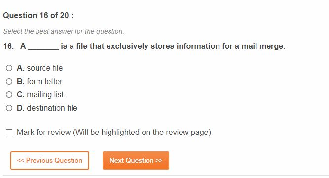 Solved Question 16 of 20 : Select the best answer for the | Chegg.com