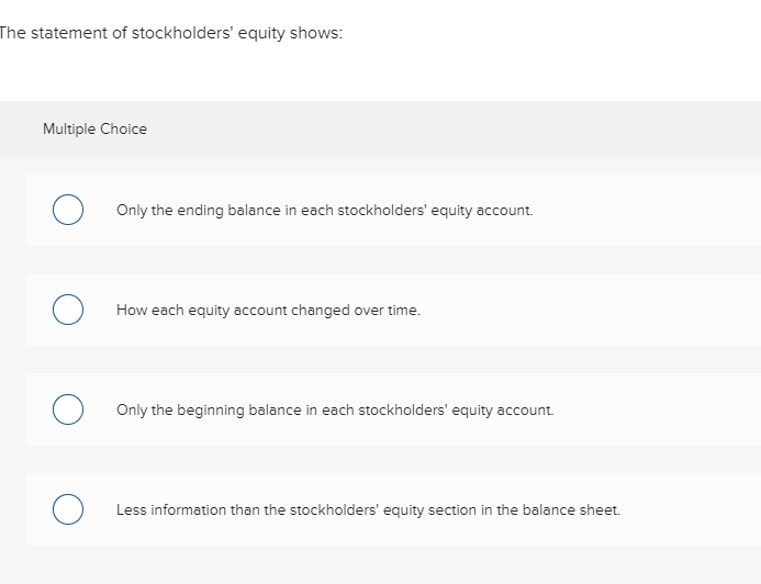 the statement of stockholders equity reports multiple choice question