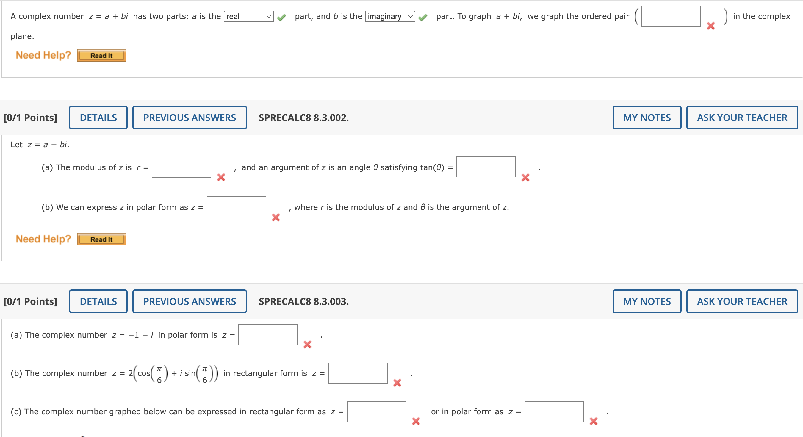 1- ﻿A complex number z=a+bi ﻿has two parts: a ﻿is the | Chegg.com