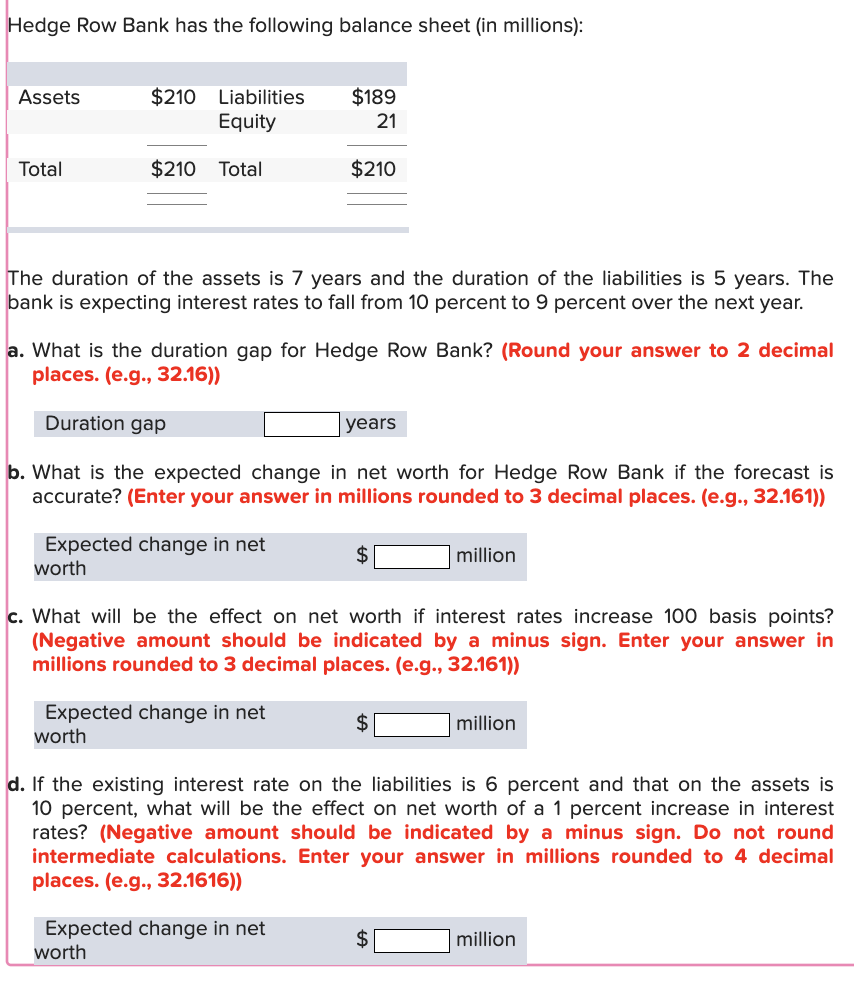 Solved Hedge Row Bank has the following balance sheet in Chegg