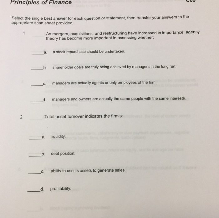 Solved Principles of Finance Select the single best answer | Chegg.com